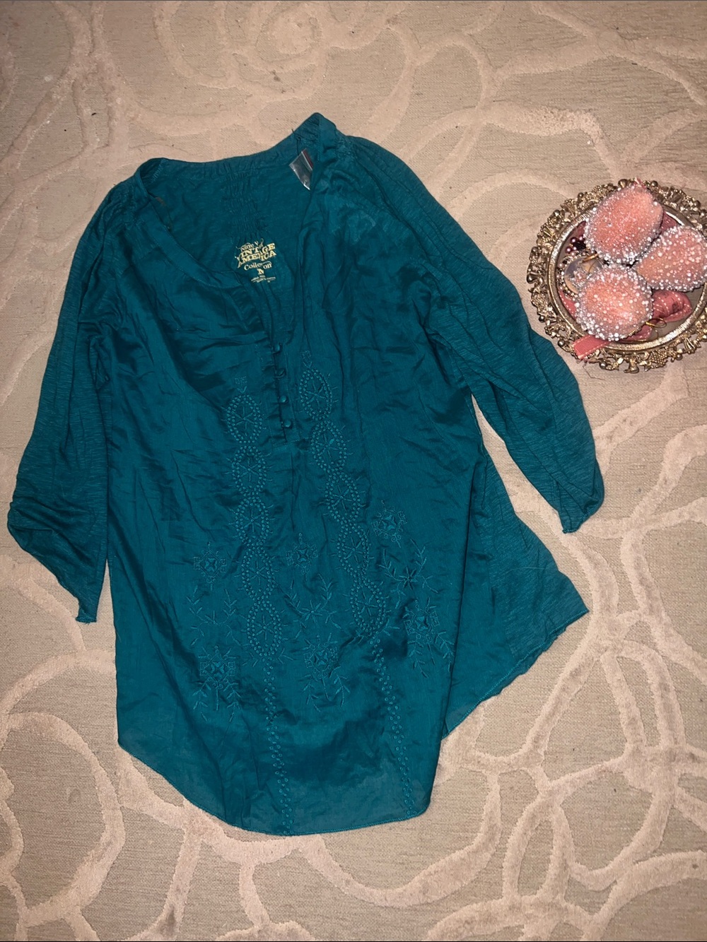 NWT🌷NINE WEST VINTAGE AMERICA COLLECTION🌷Teal embroidered 3/4 sleeve knit top